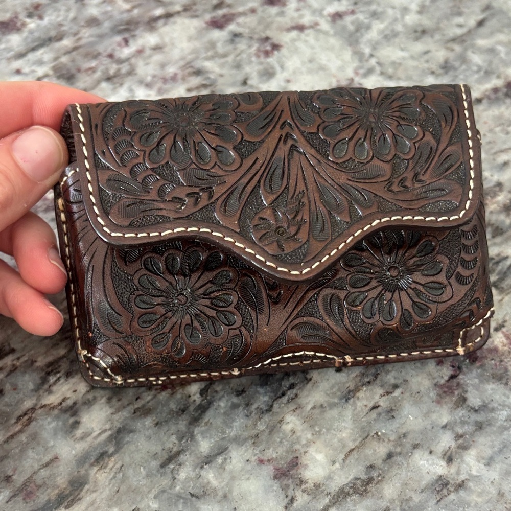 Hand-Tooled Floral Leather belt cell/beeper holder - Dark Brown